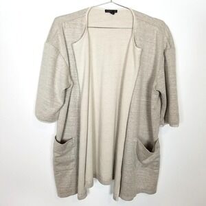 Eileen Fisher Women Linen Cotton Open Front Cardigan Sz XL Beige Pockets
